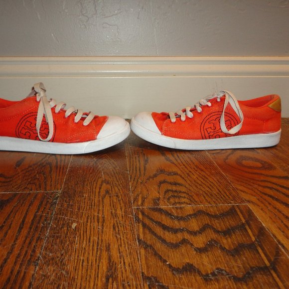 TORY BURCH Women's Orange & White Textile & Leather Sneakers Shoes Size 7M - Picture 3 of 11